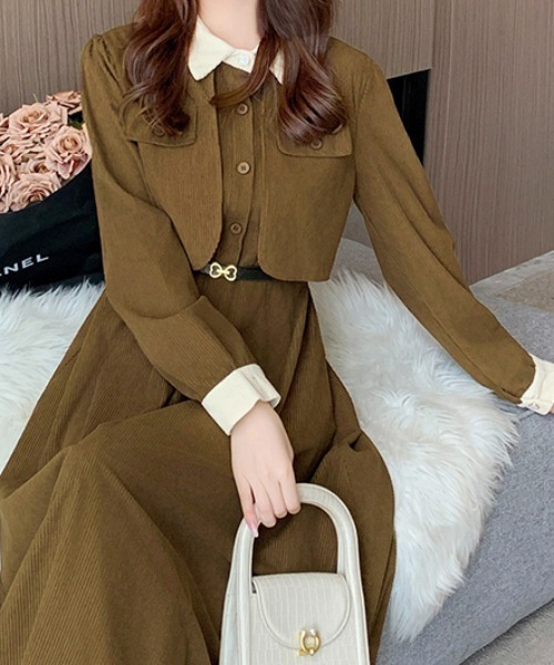 Diosfront ワンピース ケープデザインコーヂュロイ配色ワンピース