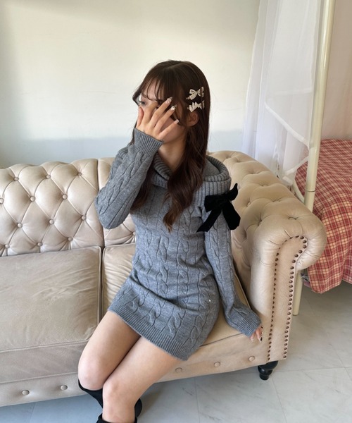 Mejoul ワンピース オフショル風リボン付きケーブルニットタイトミニ
