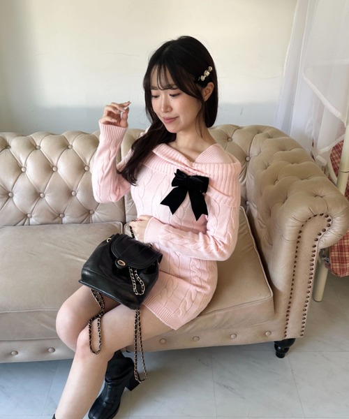 Mejoul ワンピース オフショル風リボン付きケーブルニットタイトミニ
