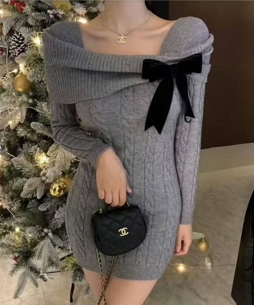 Mejoul ワンピース オフショル風リボン付きケーブルニットタイトミニ