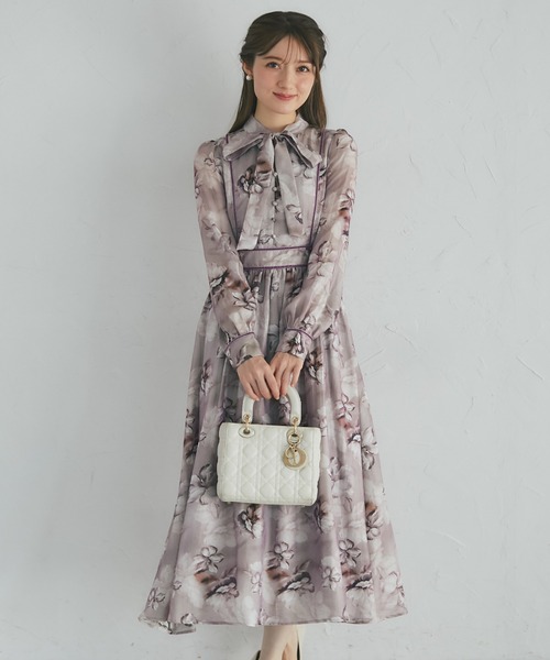 ゆったりサイズ♡ブラックウォッチ柄ローウエストワンピース。.＊ SHIPS別注】kaene:2WAY ボウタイ ロング ワンピース（セレモニー対応可