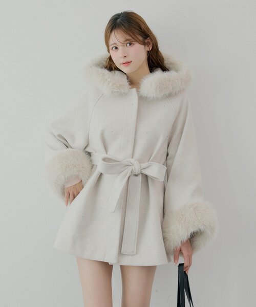 黒 ファー付き ケープコート 新品 ウール混 ファー付きケープコート Black - からん::アンティーク