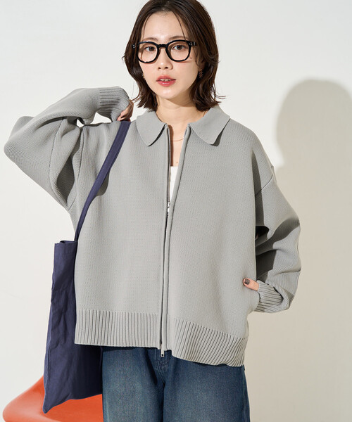 【新品未使用タグ付】Spick &span ダブルジップニットカーディガングレー カーディガン 風合いを、楽しむ。クルーネックダブルジップ