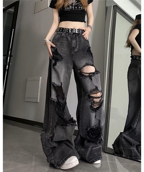  originals レディース ジーンズ ルーズ デニム パンツ inst.ALL ワイドパンツ ジーンズ デニム デニムパンツ クラッシュ