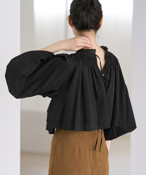 シャツ/ブラウス(長袖/七分) shirring shirt/black ワイド 七分袖 形態安定 レディースシャツ(S ブラック): 東京シャツ