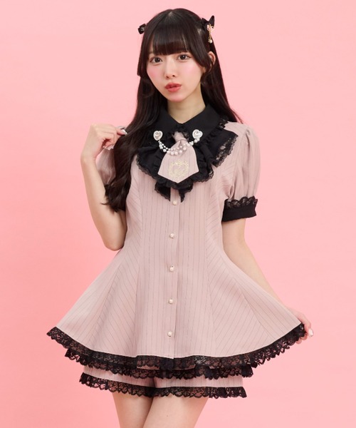 Secret Honey セットアップ 黒 白 半袖 Secret Honey（シークレットハニー） セットアップ ラッフルネクタイ