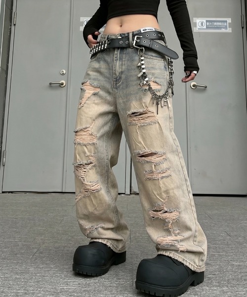 ジーンズ A'GEM/9 × .kom 「A'gem/エージェム」クラッシュダメージウォッシュデニムパンツ メンズ レディースの画像