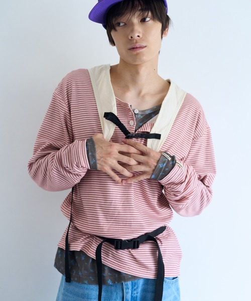 common gull products パックヘンリーロンT ネイビー ピンク common gull products. tシャツ ひとえふたえパックロンtee レディース