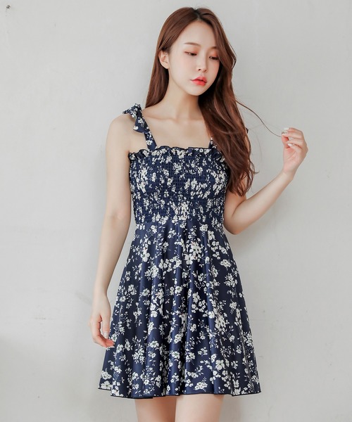 Lace Ladies 水着 花柄シャーリングワンピース・ハイウエスト