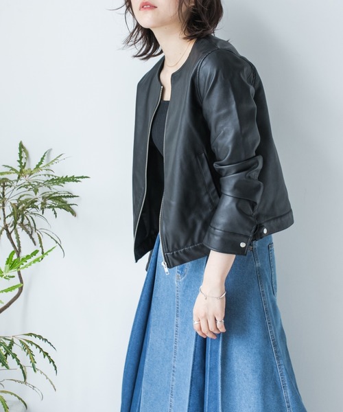 美品　ナルシソロドリゲス　ノーカラーレザージャケット TRIANGLE PALETTE レザージャケット ライダース ノーカラー