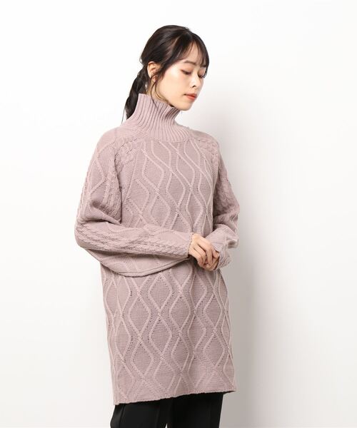 ニット セーター ケーブルニットリブハイネックチュニック レディース STYLEBLOCK ニット セーター ケーブルニットリブハイネック