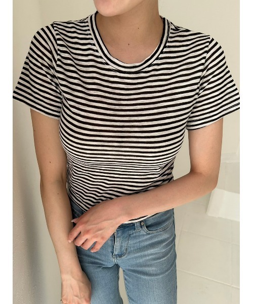 RECTO クロップド丈 ロゴTシャツ DAIS-Y tシャツ クロップド丈細ボーダー柄Tシャツ レディース