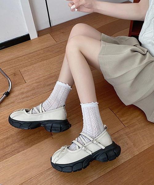 スニーカー 靴 クロスストラップ ラウンド 厚底 可愛い リボン 厚底クロスストラップリボンシューズ[ci549] | レディース