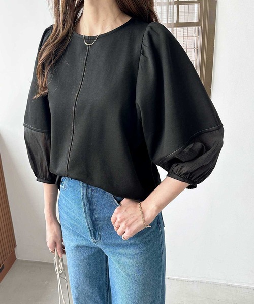 tシャツ 袖シアー切替ランタンスリーブトップス レディース | GeeRA | 20