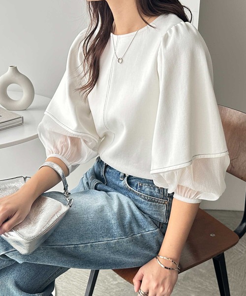 GeeRA tシャツ 袖シアー切替ランタンスリーブトップス
