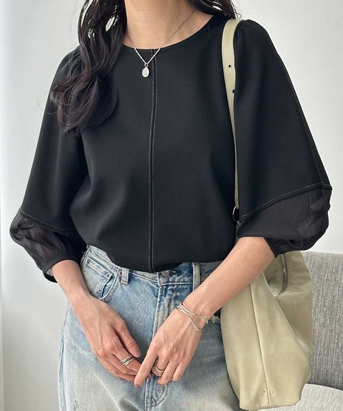 最終セール‼️ブラミンク コットンクルーネックランタンスリーブブラウス　タキマキ GeeRA（ジーラ） tシャツ 袖シアー切替ランタンスリーブトップス