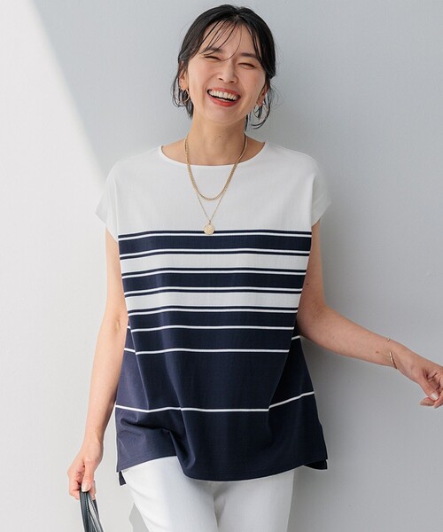 tシャツ 「洗える」ランダムボーダー フレンチスリーブ カットソー レディース 23区 tシャツ 「洗える」ランダムボーダー フレンチスリーブ