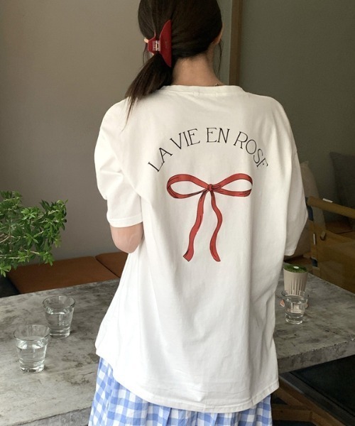 PHER 半袖 リボンＴシャツ 3colors 3color 】半袖リボンプリントバレエコアビッグTシャツ