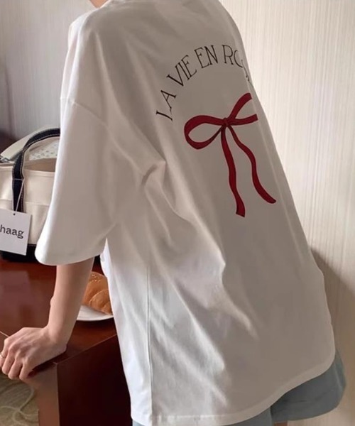 リボンT 半袖 Tシャツ リボン ピンク ホワイト S/L LACーVERT tシャツ LA VEI EN ROSEリボンTシャツ レディース