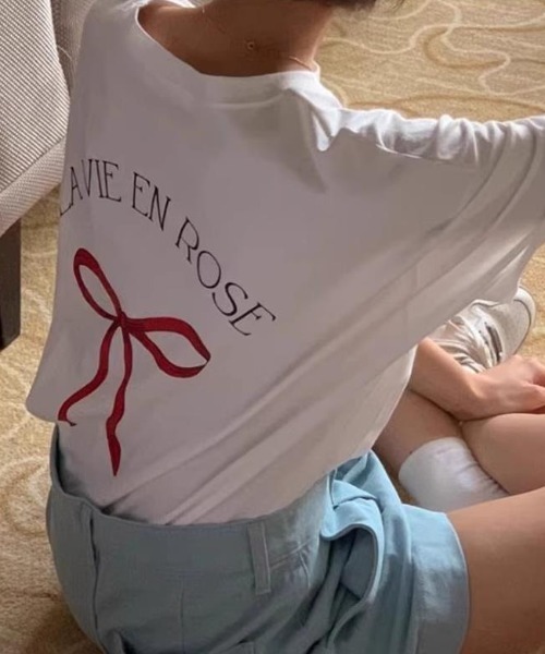 リボンT 半袖 Tシャツ リボン ピンク ホワイト S/L LACーVERT tシャツ LA VEI EN ROSEリボンTシャツ レディース