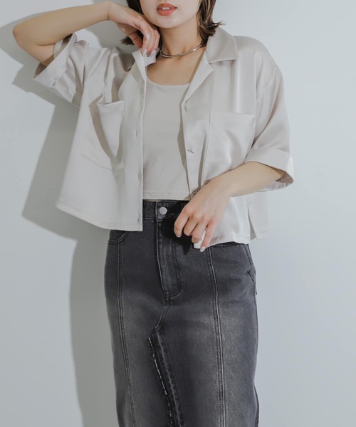 ブラウス シャツ ドレープツイル クロップドシャツ レディース FOLLOWIN ブラウス シャツ シンプルカラークロップドシャツ