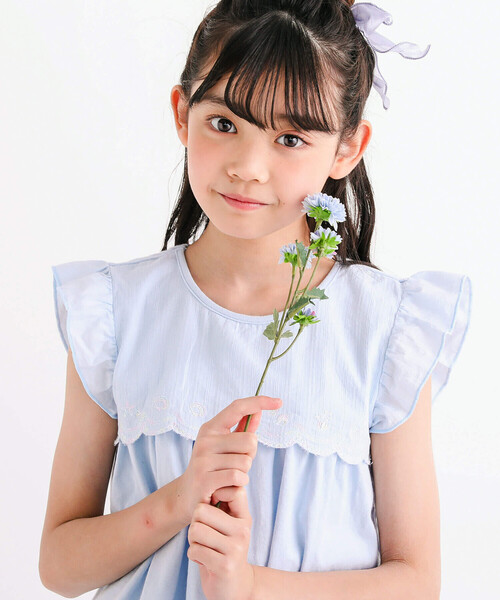 tシャツ Tシャツ 「お揃い」切り替えスカラップ刺しゅう袖フリルT  