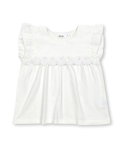 tシャツ Tシャツ 「お揃い」切り替えスカラップ刺しゅう袖フリルT  