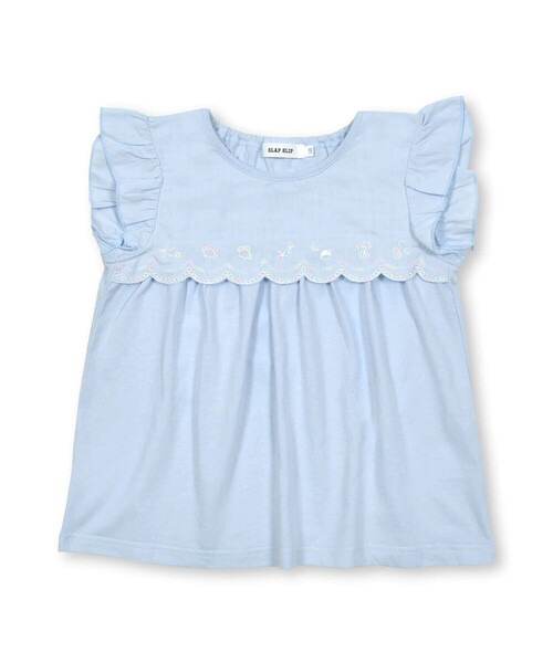 tシャツ Tシャツ 「お揃い」切り替えスカラップ刺しゅう袖フリルT  