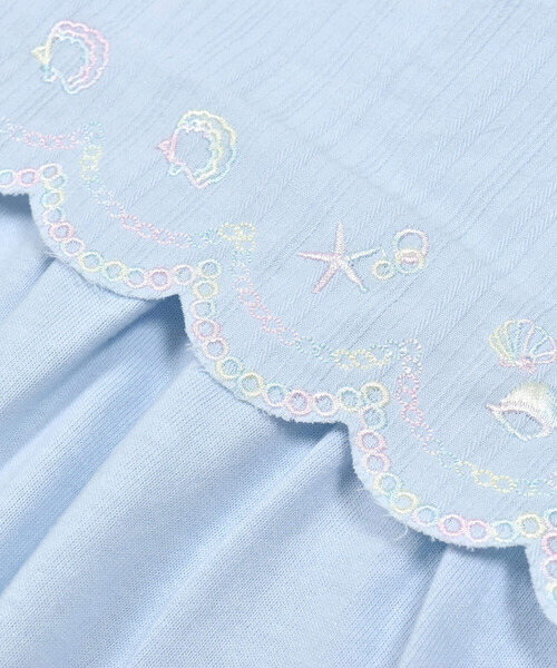 tシャツ Tシャツ 「お揃い」切り替えスカラップ刺しゅう袖フリルT  