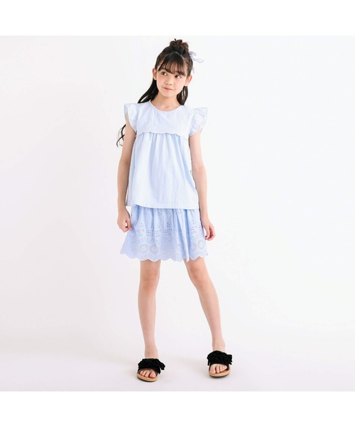 tシャツ Tシャツ 「お揃い」切り替えスカラップ刺しゅう袖フリルT  