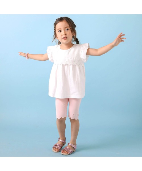 tシャツ Tシャツ 「お揃い」切り替えスカラップ刺しゅう袖フリルT  