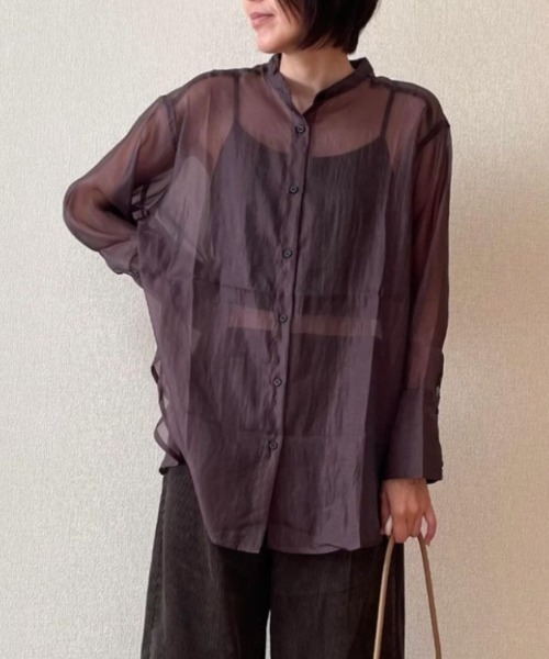 ブラウス シャツ 光沢シアーワッシャー バンドカラーシャツ レディース