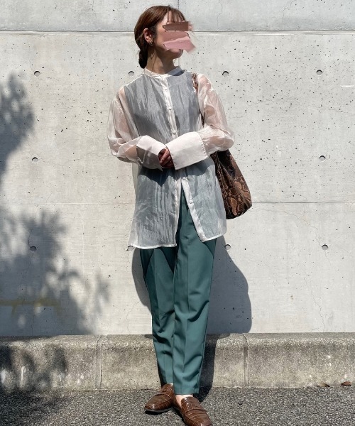 ブラウス シャツ 光沢シアーワッシャー バンドカラーシャツ レディース LOSUCA ブラウス シャツ 光沢シアーワッシャー バンドカラー