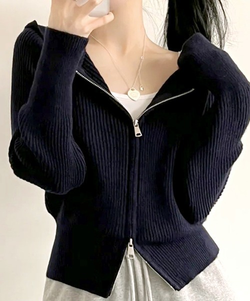 美品 ルネ Ren? パーカー コットン ニット ジップアップ フェイクパール ビジュー レディース トップス 34(S相当) ネイビー REFLEM（レフレム） パーカー 「REFLEM/レフレム」うさ耳フェザー