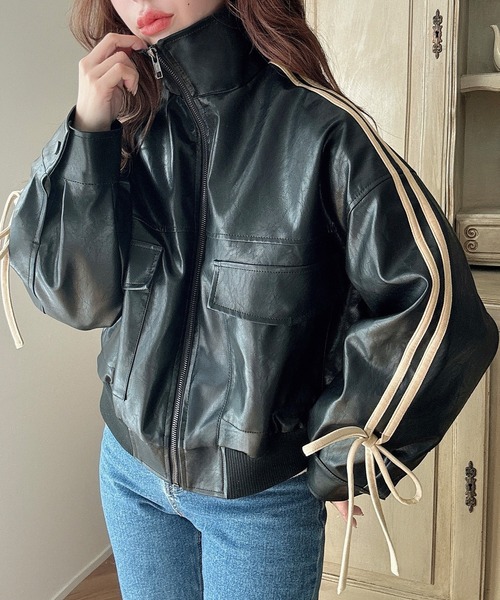 Meiru ブルゾン アウター 袖配色リボンPUレザーブルゾン レディース