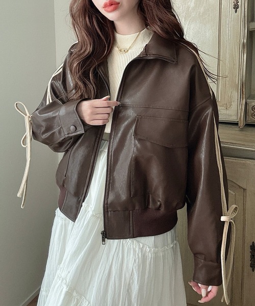 Meiru ブルゾン アウター 袖配色リボンPUレザーブルゾン レディース