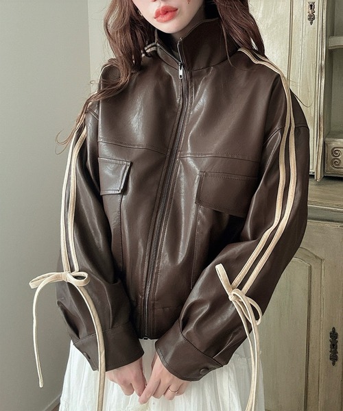 Meiru ブルゾン アウター 袖配色リボンPUレザーブルゾン レディース