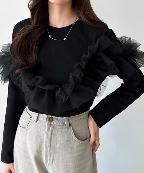 コムコム長袖トップス チュール付き 楽天市場】プリント ロンT × チュールトップス SET レディース