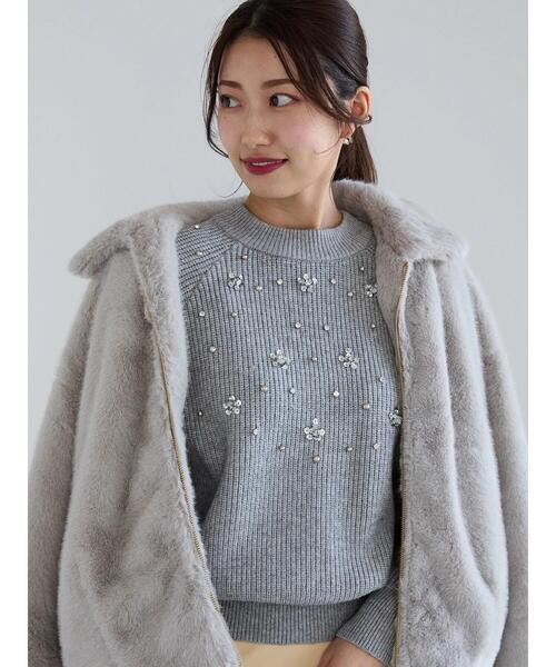 極美品✨ビアズリー 袖花柄ニット ビジュー ウール ゆったり Te chichi（テチチ） ニット セーター フラワービジュー畦ニットプル