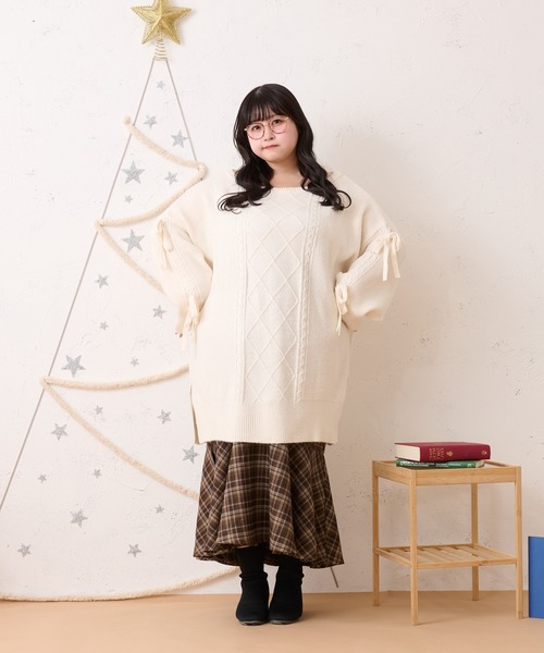 Louiosy ワンピース 「大きいサイズ」リボン付きケーブルニット  
