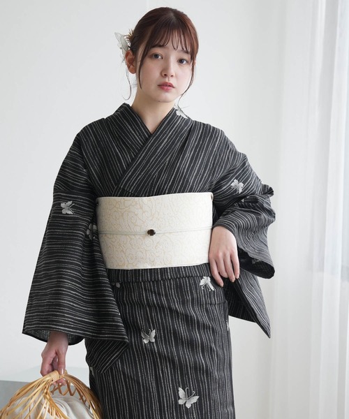 浴衣 浴衣3点セット 綿麻×紅梅 黒地の縞々蝶々 レディース