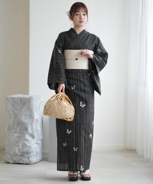浴衣 浴衣3点セット 綿麻×紅梅 黒地の縞々蝶々 レディース_2