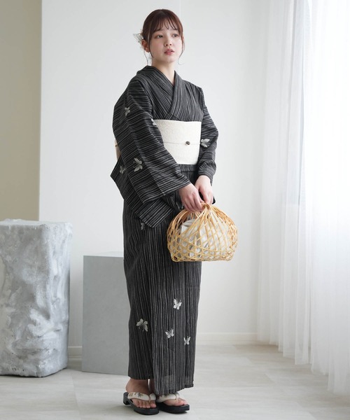 浴衣 浴衣3点セット 綿麻×紅梅 黒地の縞々蝶々 レディース_3