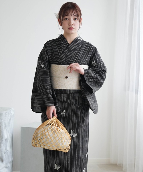 浴衣 浴衣3点セット 綿麻×紅梅 黒地の縞々蝶々 レディース_5