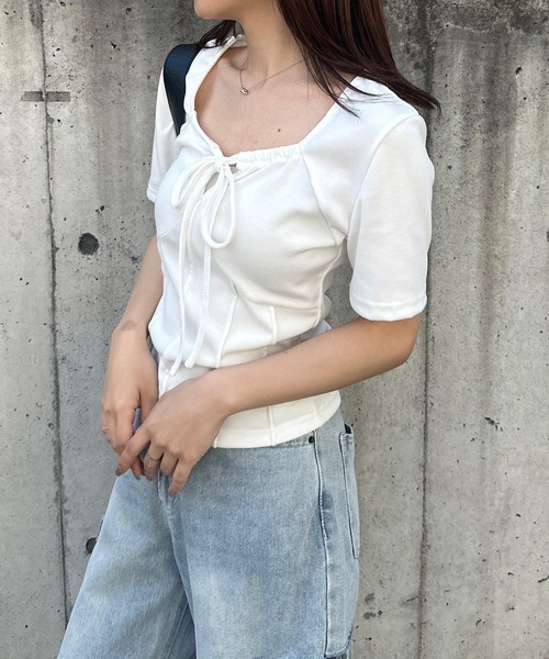 solleim（ソルレム） tシャツ 半袖 フロントリボンギャザーTシャツ