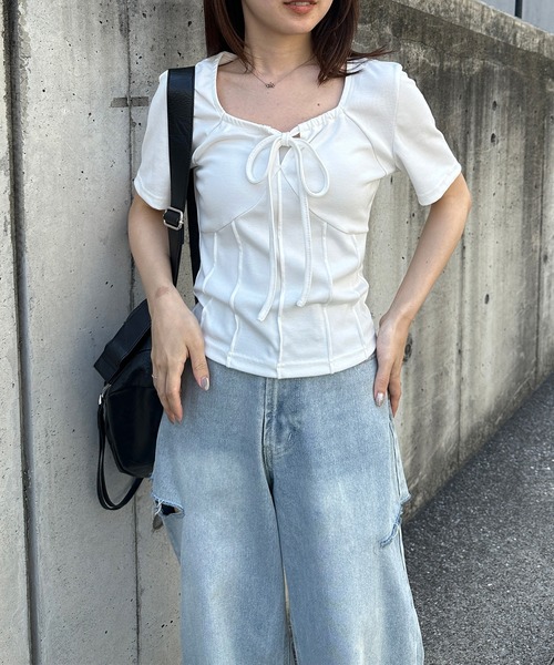 solleim（ソルレム） tシャツ 半袖 フロントリボンギャザーTシャツ