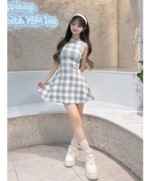 【試着】Darich ダーリッチ DRロゴギンガムニットミニワンピース Free ダーリッチ Darich DRロゴギンガムニットミニワンピース