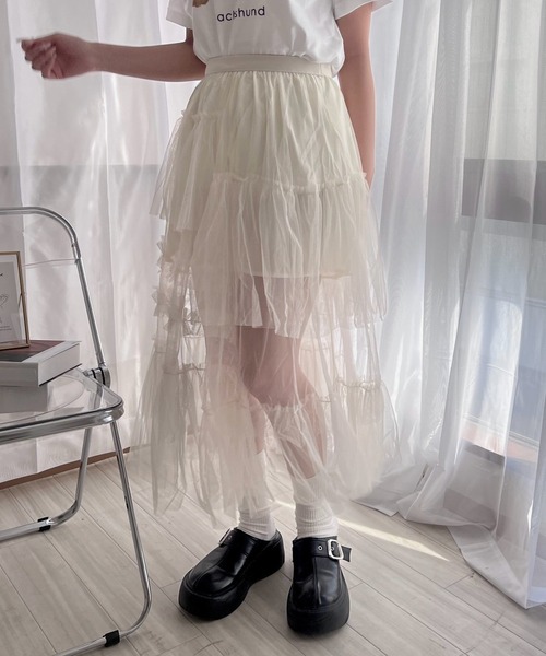 関税込/国内発送【RECTO】シースルーバックバンディングスカート セール】Tucked Tiered See-through Skirt / タックティアード