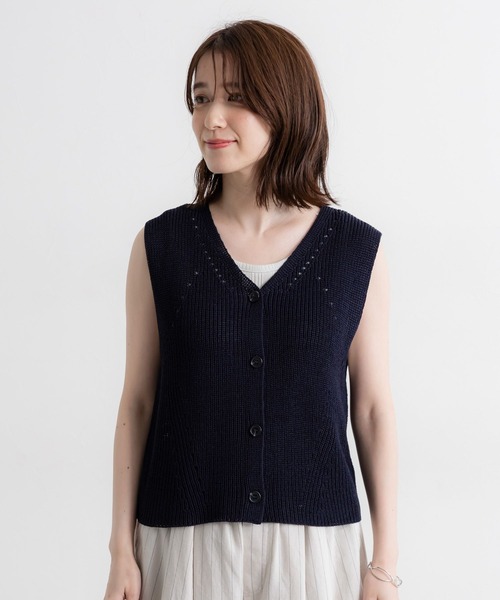 cristaseya リネン  ショートジレ　ベスト　ネイビー Sov. ベスト ジレ リネンライクショートジレ レディース : ZOZOTOWN
