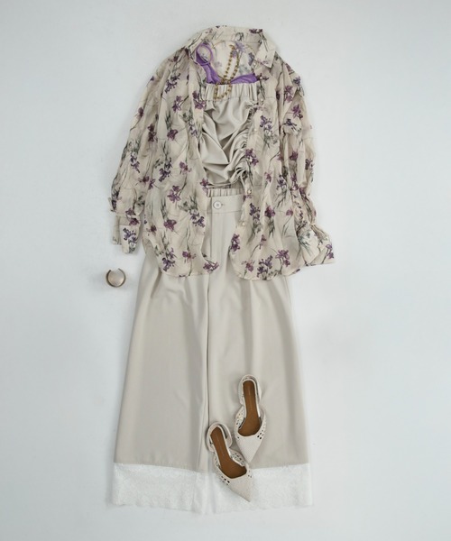 Ezick ブラウス シャツ Lace up フラワーシアーシャツ レディース